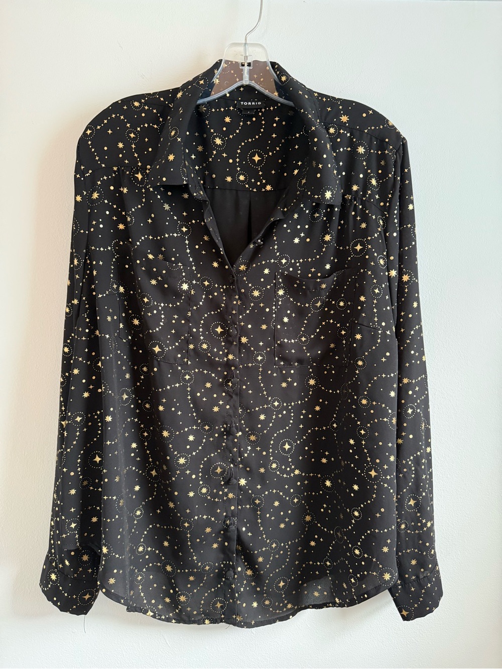 Torrid Celestial Black Blouse with Gold Starry Print
